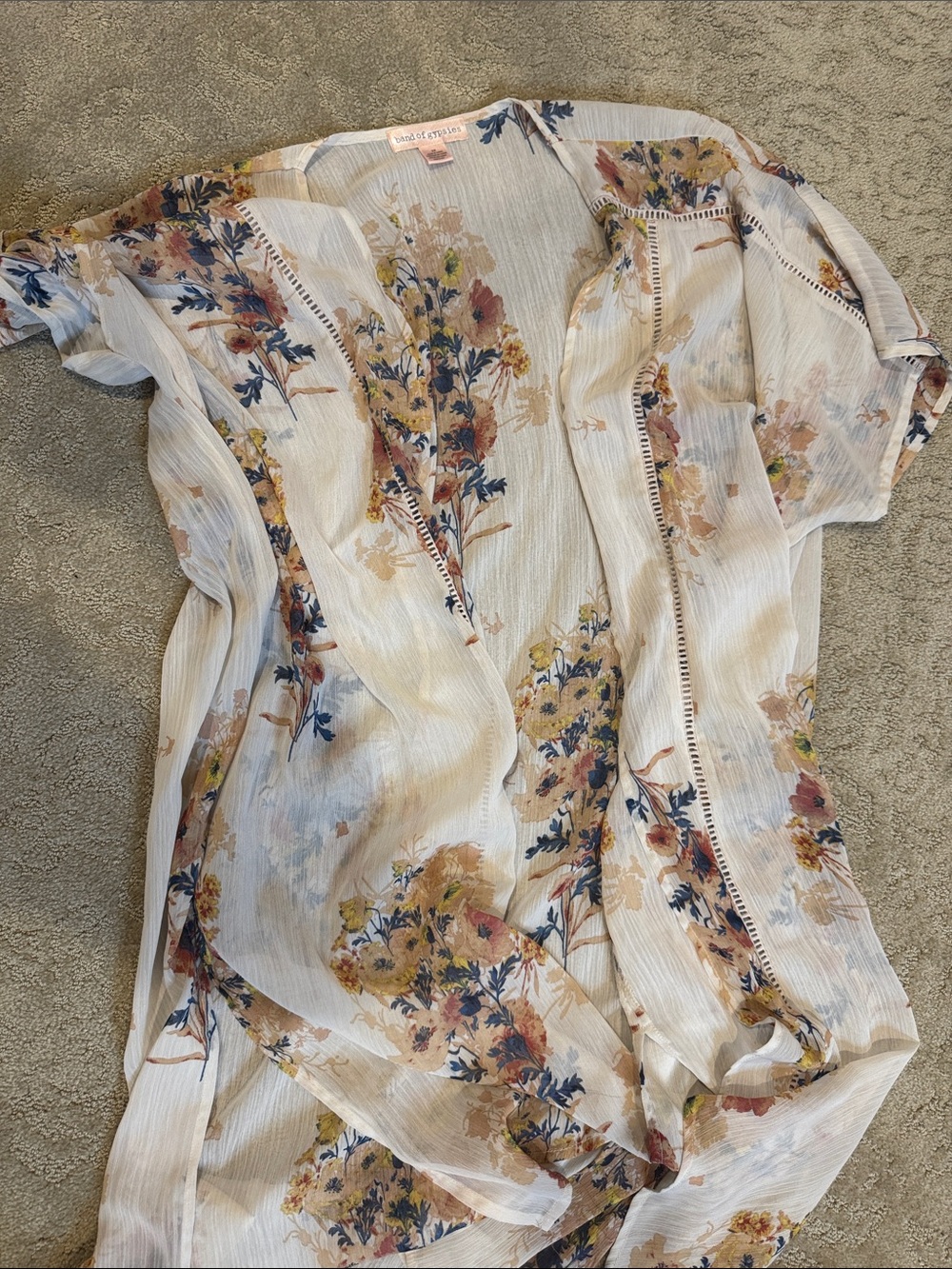 Band of Gypsies Sheer Floral Duster in Cream, Navy & Mustard